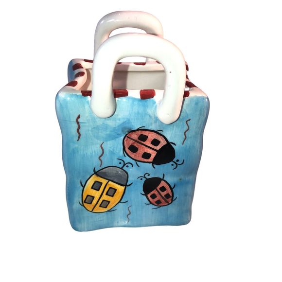Milson & Louis Hand Painted Lady Bug Ceramic Bag Vase Planter Vintage Signed - Picture 3 of 10